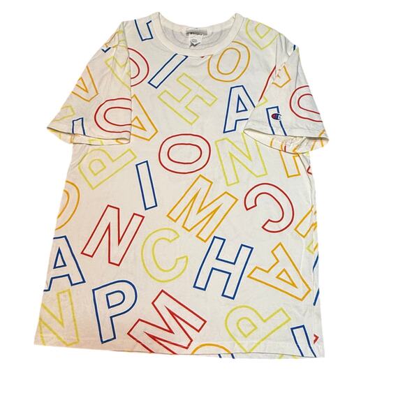 Champion Scrambled Letters Tee Men’s M White Primary Colors Crew Neck - Picture 1 of 13